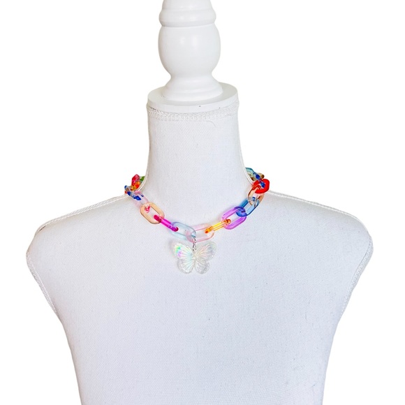 NWT Rainbow Multicolor Plastic Block Chain Iridescent Butterfly Necklace - Picture 1 of 4